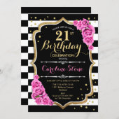 21st Birthday Invitation Pink Black White Stripes (Front/Back)
