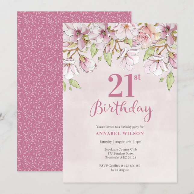 21st Birthday Invitation Pink Floral (Front/Back)