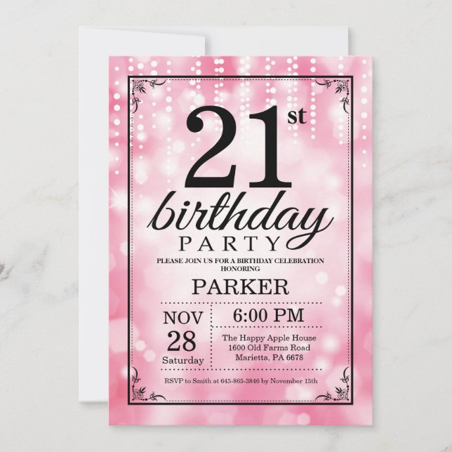 21st Birthday Invitation Pink Glitter (Front)