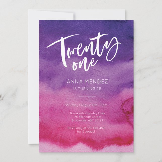 21st Birthday Invitation Pink Purple Watercolor (Front)