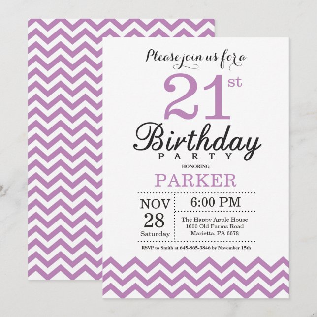 21st Birthday Invitation Purple Chevron (Front/Back)
