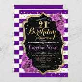 21st Birthday Invitation Purple Gold With Roses (Front/Back)