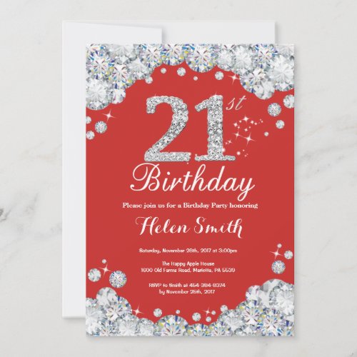 21st Birthday Invitation Red and Silver Diamond