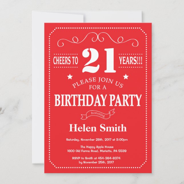 21st Birthday Invitation Red and White (Front)
