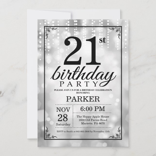 21st Birthday Invitation Silver Glitter (Front)