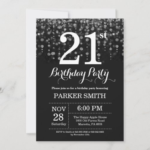 21st Birthday Invitation Silver Glitter