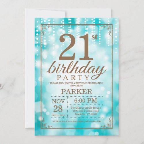 21st Birthday Invitation Teal and Gold Glitter