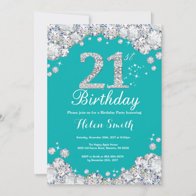21st Birthday Invitation Teal and Silver Diamond (Front)
