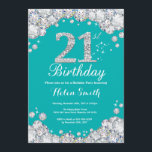 21st Birthday Invitation Teal and Silver Diamond<br><div class="desc">21st Birthday Invitation. Teal and Silver Rhinestone Diamond Teal Turquoise Aqua Background. Elegant Birthday Bash invite. Adult Birthday. Women Birthday. Men Birthday. For further customization,  please click the "Customize it" button and use our design tool to modify this template.</div>