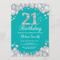 21st Birthday Invitation Teal and Silver Diamond