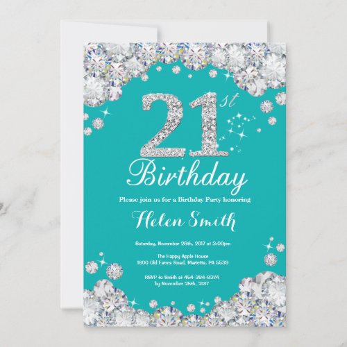 21st Birthday Invitation Teal and Silver Diamond