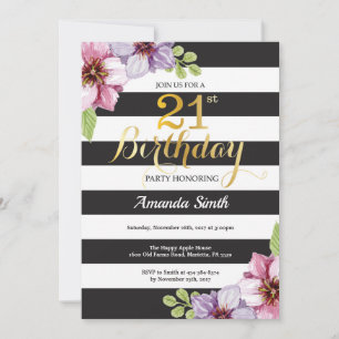 21st Birthday Invitation Women. Floral Gold Black
