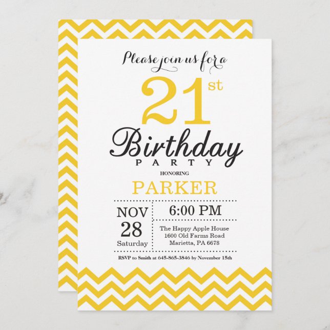 21st Birthday Invitation Yellow Chevron (Front/Back)