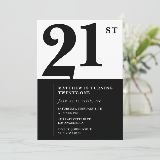 21st birthday invitations Black White Elegant (Standing Front)