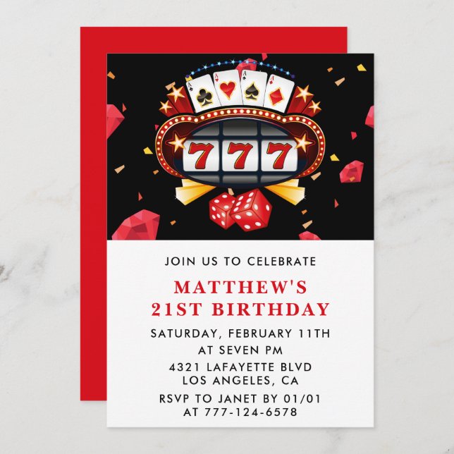 21st birthday invitations Casino theme Poker Red (Front/Back)