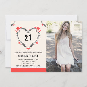 21st birthday invitations floral heart
