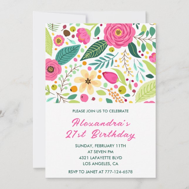 21st birthday invitations Flowers Simple Colorful  (Front)