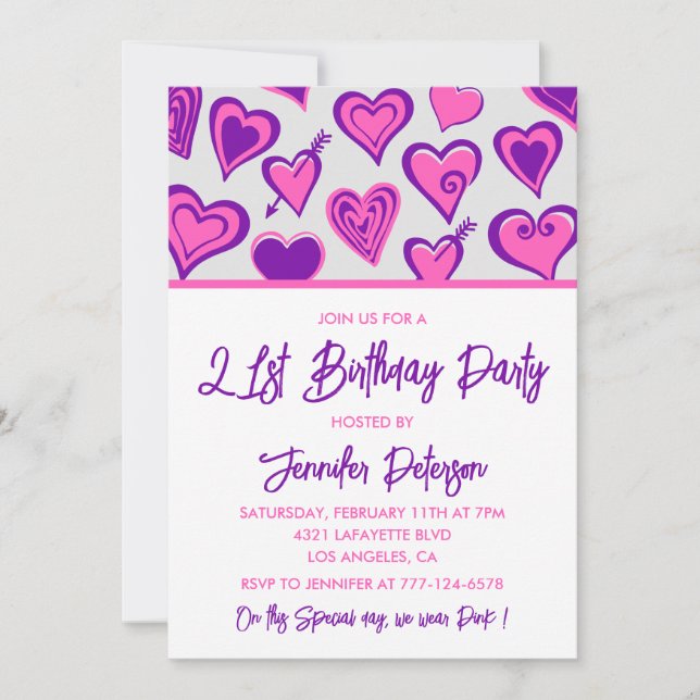 21st birthday invitations Glam Pink Heart (Front)