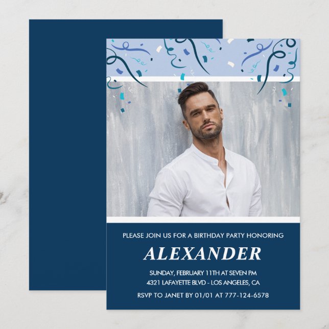 21st birthday invitations Men Photo Navy Blue (Front/Back)