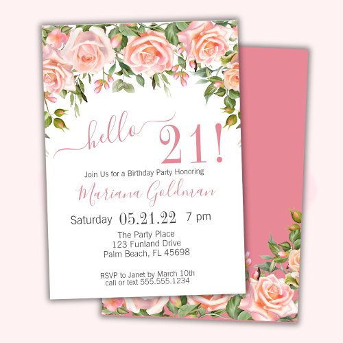 21st Birthday Invitations Pink Floral Modern Party