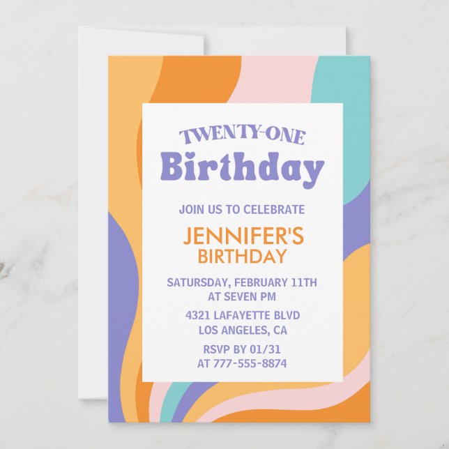 21st birthday invitations Retro Wavy Squiggly      (Front)