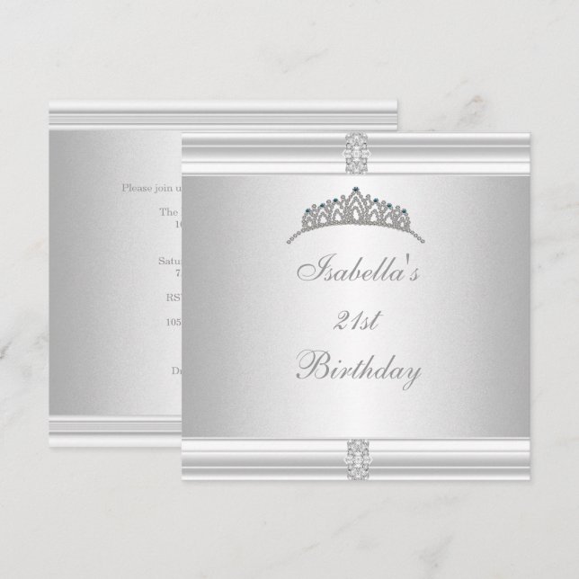 21st Birthday Jewel Tiara Silver White Invitation (Front/Back)