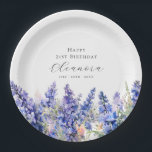 21st Birthday July Birth Flower Larkspur Custom Paper Plates<br><div class="desc">Perfect table decor for a July birthday party. Blue larkspur (delphinium) is the birth flower for that month. It forms a pretty watercolor bottom border on this floral personalized paper plate. The birthday celebrant's name, age and birthdate are placed above it using elegant calligraphy and typography. All text is editable....</div>