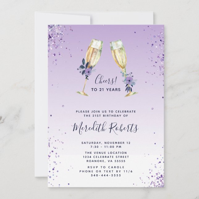 21st Birthday Lavender Ombre Champagne Toast Party Invitation (Front)