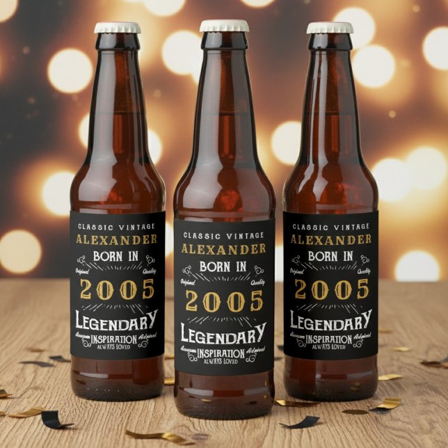 21st Birthday Legend Born 2005 Vintage Black Beer Bottle Label (Born 2005 birthday beer labels. Background out of focus.)