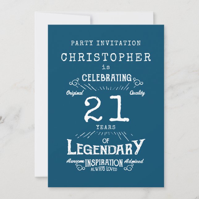 21st Birthday Legendary Blue Add Name Legend Invitation (Front)