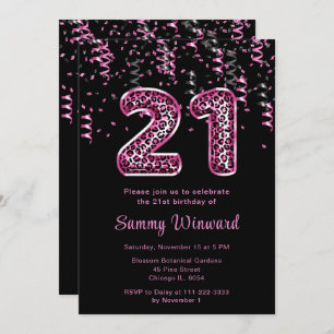 21st Birthday Leopard Print Balloons with Confetti Invitation