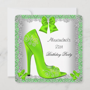 21st Birthday Lime High Heel Shoe Silver Lace Invitation