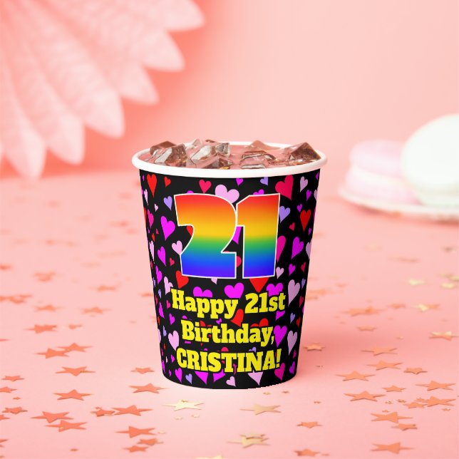 21st Birthday: Loving Hearts Pattern, Rainbow 21 Paper Cups (Insitu)