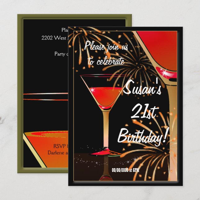 21st Birthday Martini Cocktail Party Invitation (Front/Back)