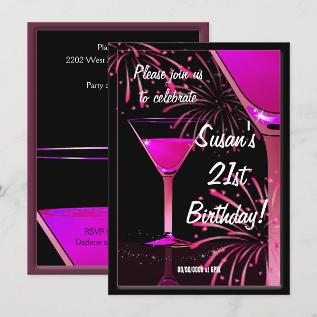 21st Birthday Martini Cocktail Pink Party Invitation (Front/Back)
