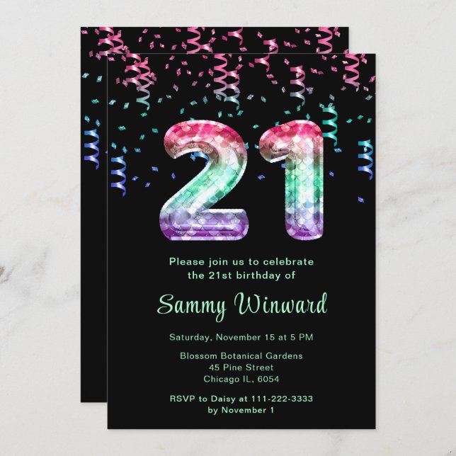 21st Birthday Mermaid Balloons with Confetti Invitation (Front/Back)