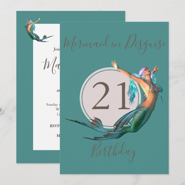 21st Birthday Mermaid Themed Birthday Invitation (Front/Back)