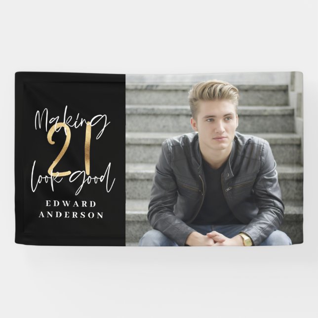 21st birthday modern black and gold photo collage banner (Horizontal)