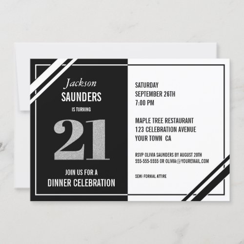 21st Birthday Modern Black and White Dinner Party Invitation