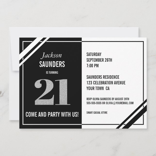 21st Birthday Modern Black and White Party Invitation (Front)