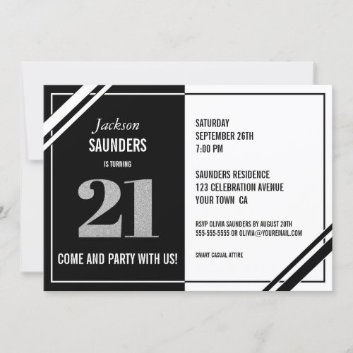 21st Birthday Modern Black and White Party Invitation