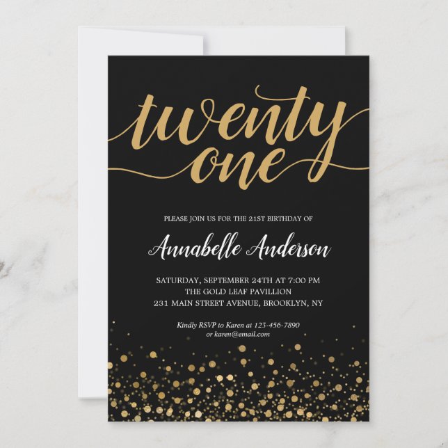 21st Birthday Modern Black Gold Confetti Script Invitation (Front)