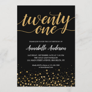 21st Birthday Modern Black Gold Confetti Script Invitation