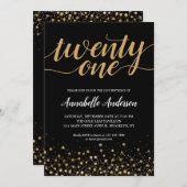 21st Birthday Modern Black Gold Confetti Script Invitation (Front/Back)