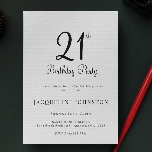 21st Birthday Modern Elegant Calligraphy Invitation (Creator Uploaded)