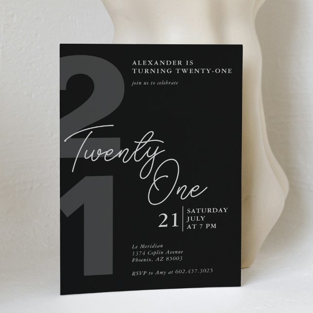 21st Birthday Modern Minimalist Black Gray  Invitation (Creator Uploaded)