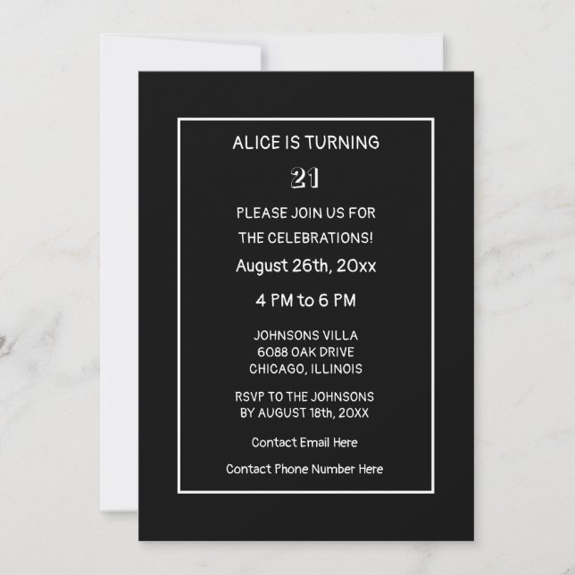21st Birthday Modern Minimalist Black White Custom Invitation (Front)
