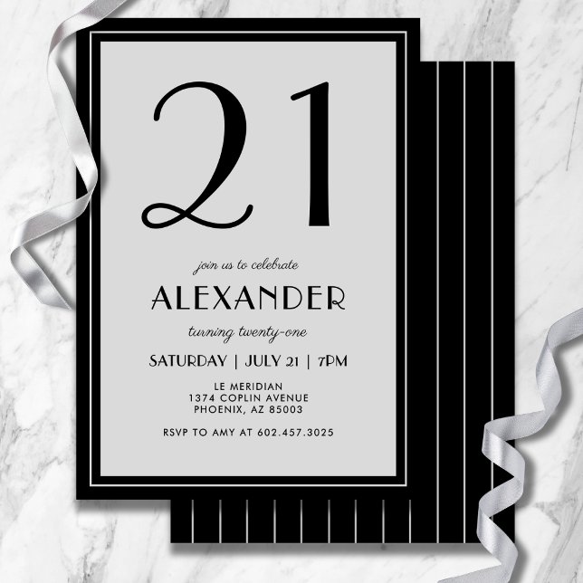 21st Birthday Modern Minimalist Mens Black Gray Invitation (Modern black and light gray design—minimal, bold, and effortlessly stylish for 21.)
