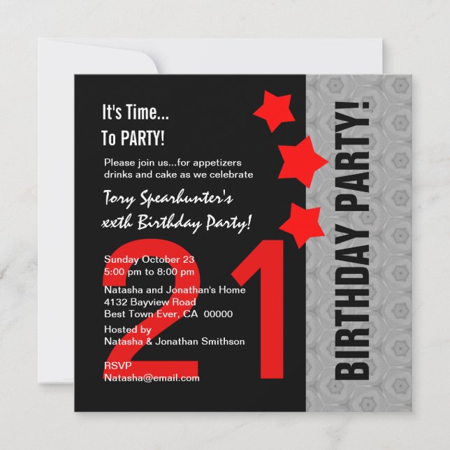 21st Birthday Modern Red Silver Black A13 Red Star Invitation (Front)