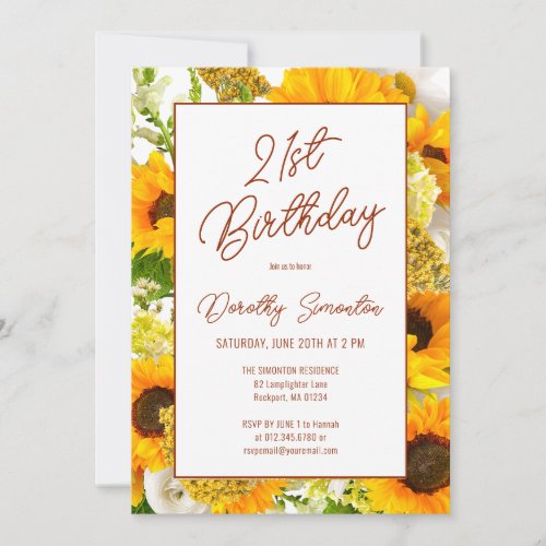 21st Birthday Modern Sunflower Floral Invitation